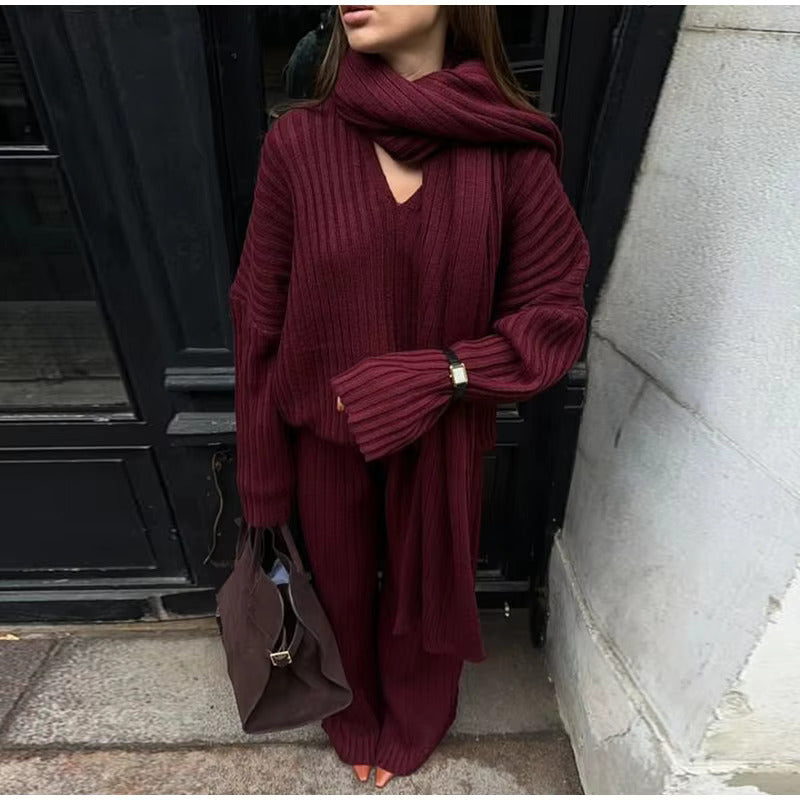 Chic 3-Piece Knit Set: Scarf, Sweater & Wide-Leg Pants