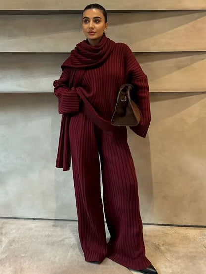 Chic 3-Piece Knit Set: Scarf, Sweater & Wide-Leg Pants